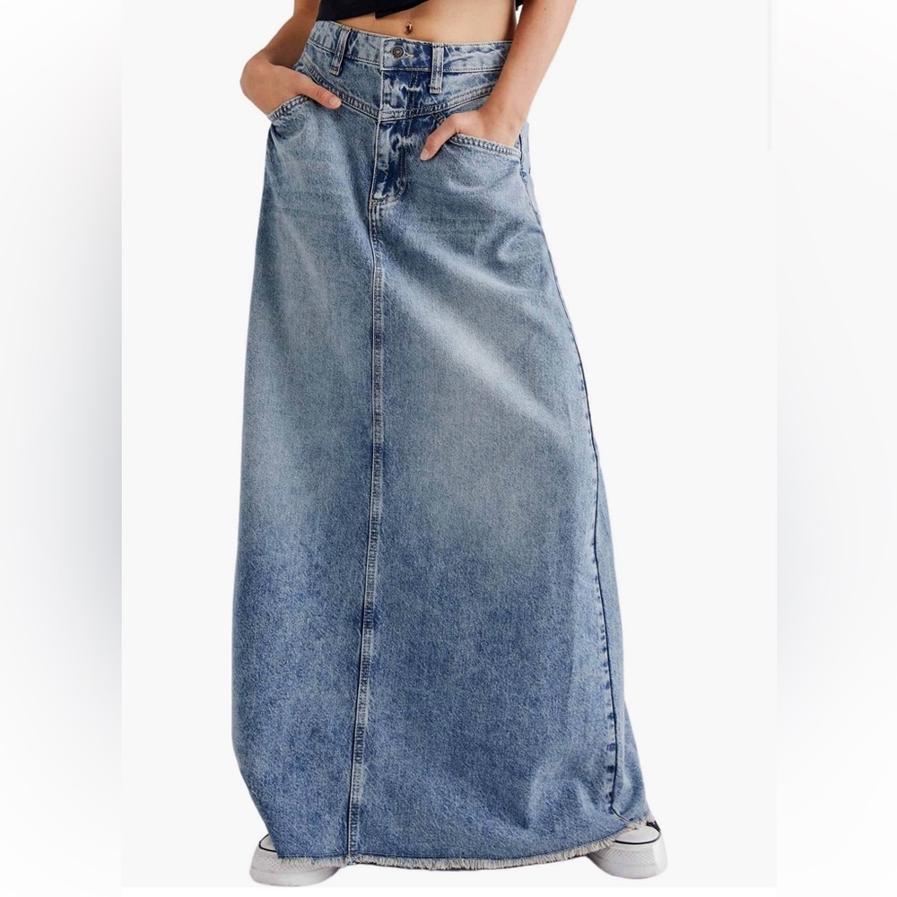 Free People Come As You Are Fray Hem Denim Maxi Skirt
